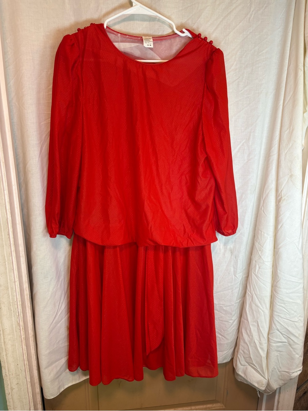 Vintage Red Midi Dress Layered Pleated Long Sleeve Women’s 16